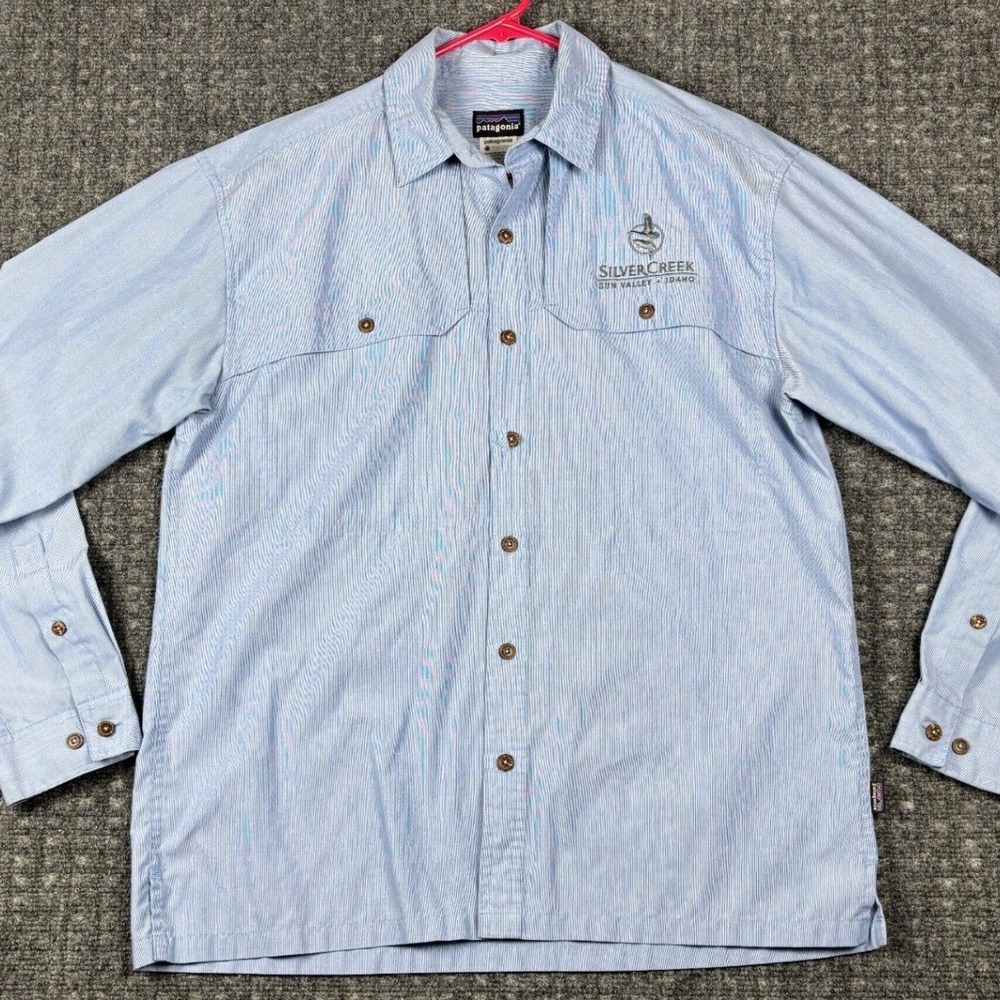 Patagonia Fishing Shirt LS Silver Creek Sun Valley Logo Size M Blue Stripe